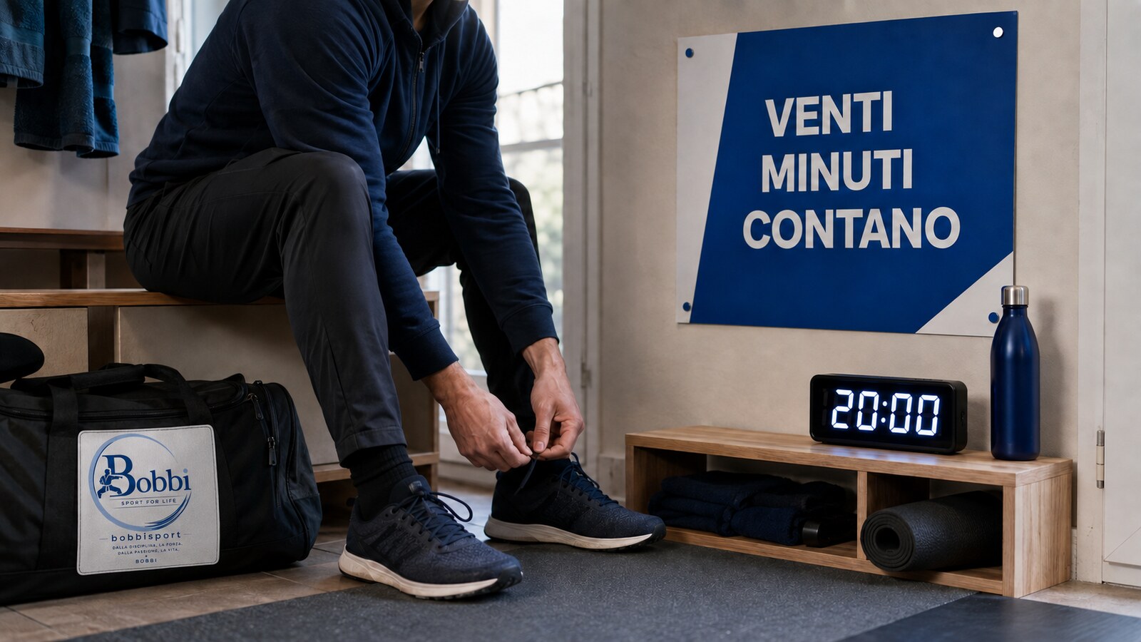 Persona che prepara le scarpe in uno spazio di allenamento con timer impostato su venti minuti, pannello ‘Venti minuti contano’ e borsa con logo BOBBISport.