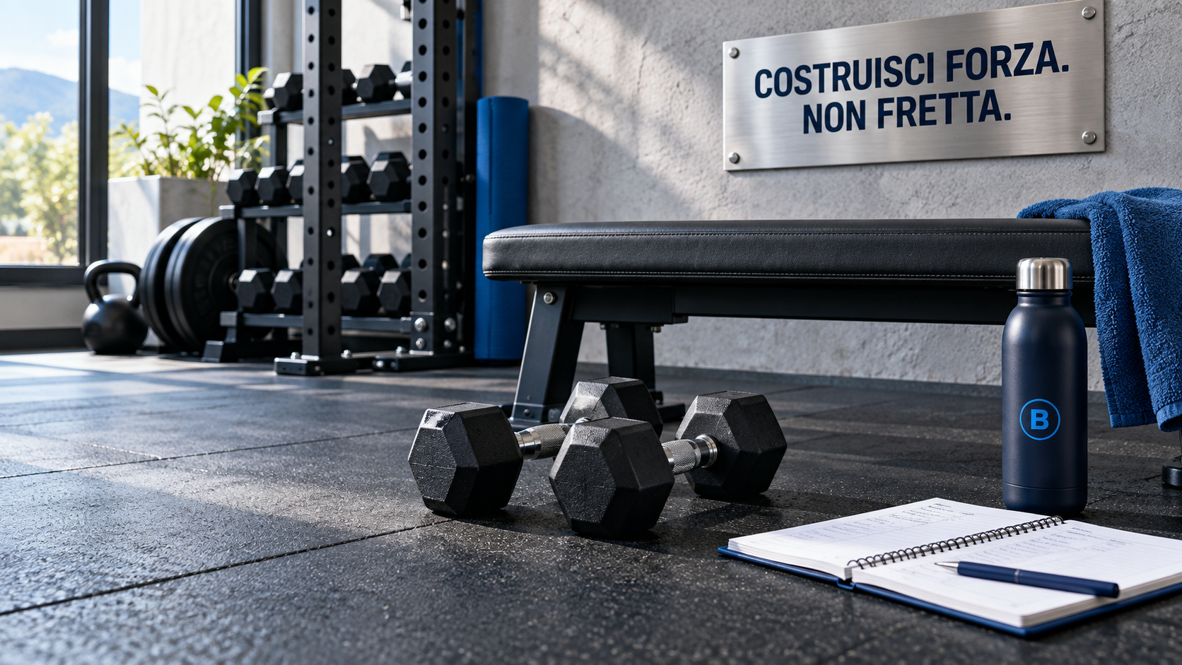 Angolo palestra con manubri, panca, taccuino e borraccia accanto al messaggio ‘Costruisci forza. Non fretta.’