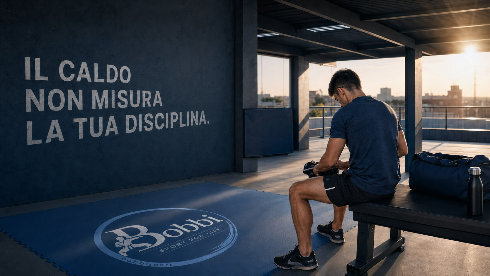 Persona che prepara l'allenamento in uno spazio ombreggiato all'alba, con la frase ‘Il caldo non misura la tua disciplina’ sulla parete e il logo BOBBISport integrato nel tappetino.