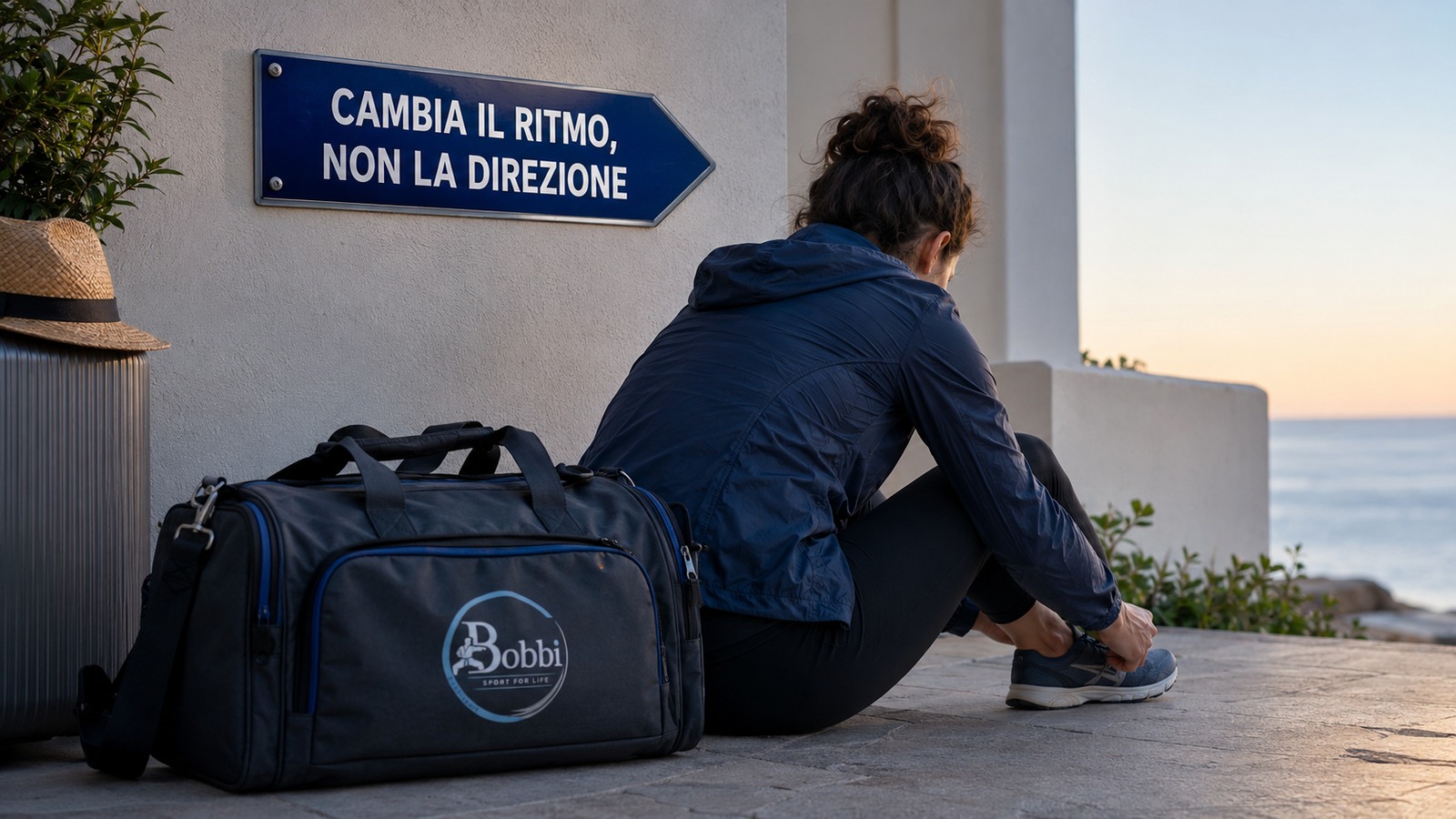 Persona che allaccia le scarpe all'alba in una località di vacanza, davanti al pannello ‘Cambia il ritmo, non la direzione’ e a una borsa con logo BOBBISport.
