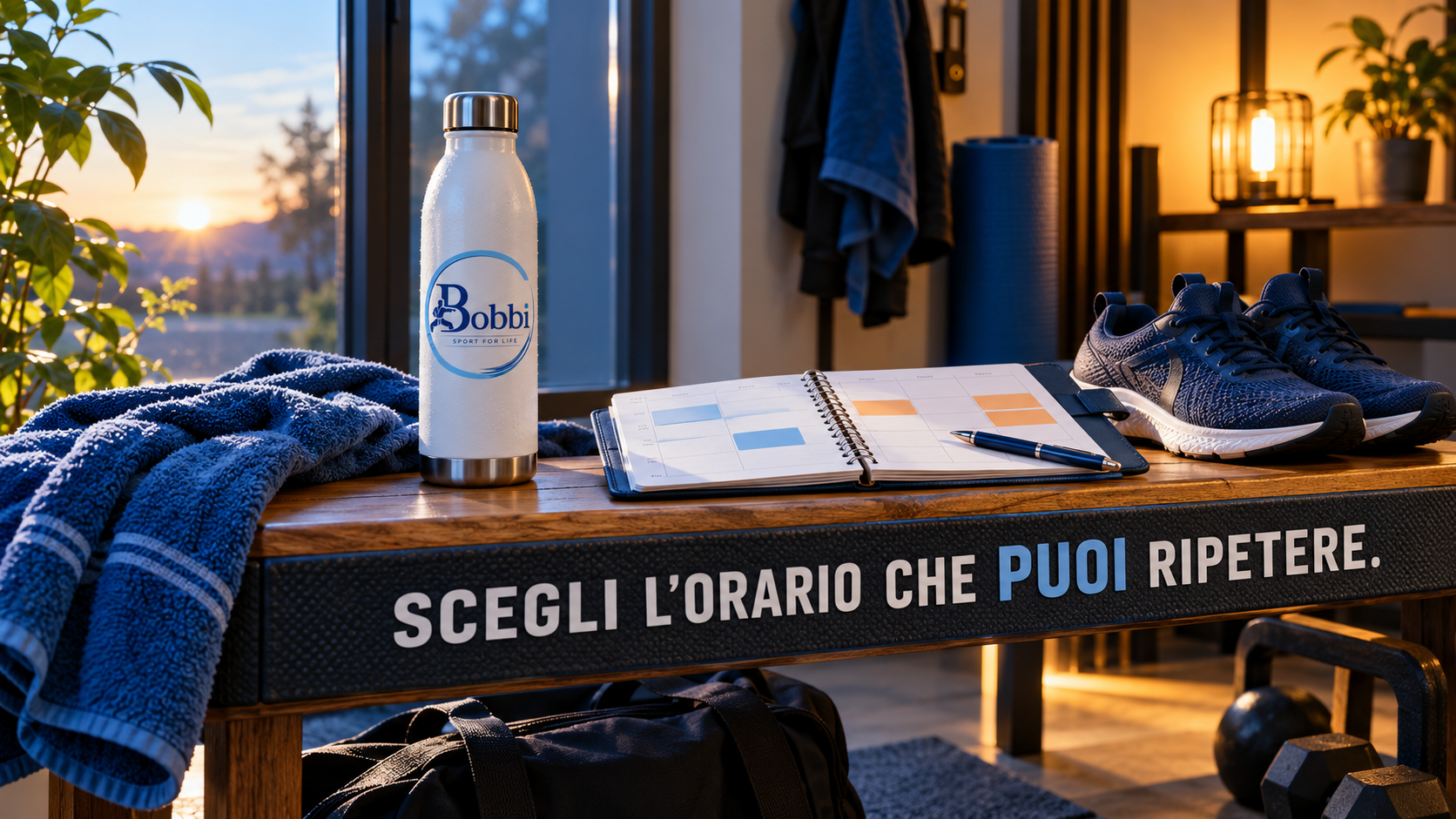 Panca con scarpe, agenda e borraccia BOBBISport tra luce del mattino e luce serale, accanto al messaggio ‘Scegli l’orario che puoi ripetere.’