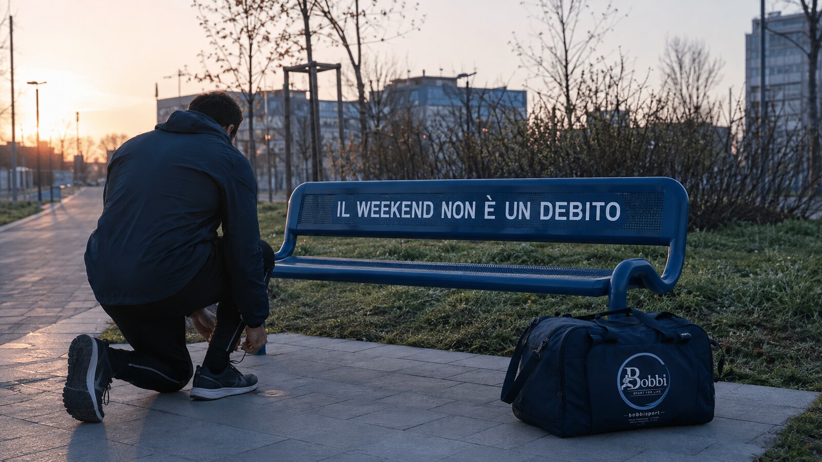 Persona che allaccia le scarpe all'alba accanto a una panchina con la frase ‘Il weekend non è un debito’ e a una borsa con logo BOBBISport.