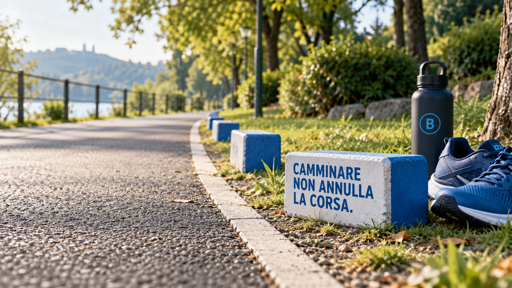 Percorso nel parco con indicatori alternati, scarpe e borraccia accanto al messaggio ‘Camminare non annulla la corsa.’
