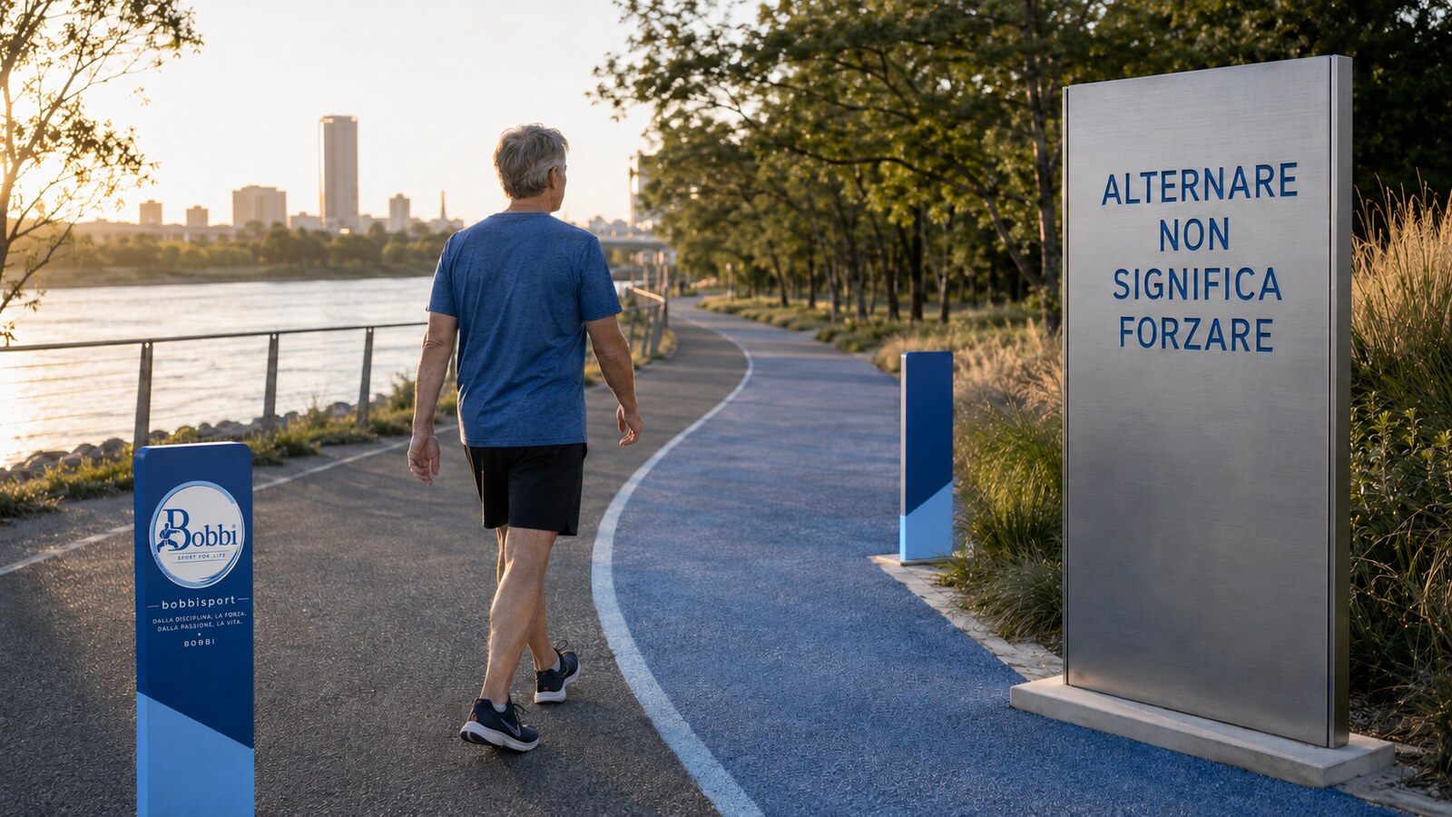 Persona che cammina all'alba tra due segnali di ritmo su un percorso urbano, accanto al pannello “Alternare non significa forzare” e a un elemento con logo BOBBISport.