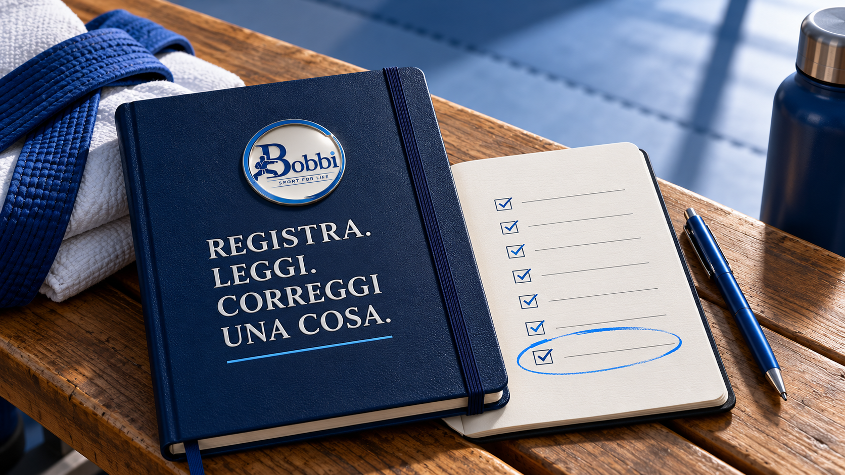 Taccuino di allenamento su una panca con sette righe essenziali e una sola correzione evidenziata, accanto al messaggio ‘Registra. Leggi. Correggi una cosa.’ e al logo BOBBISport.