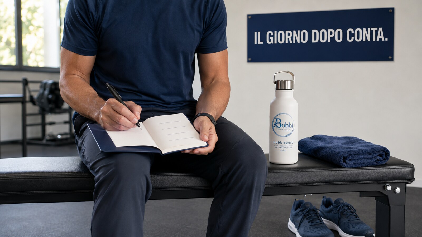 Adulto non identificabile annota il recupero in palestra accanto alla frase ‘Il giorno dopo conta’ e a una borraccia con logo BOBBISport.