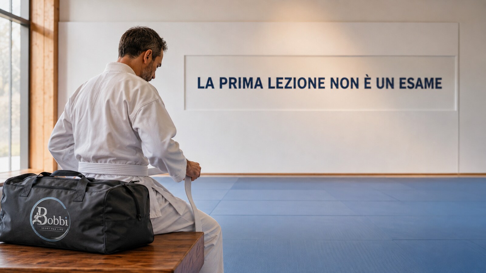 Adulto che lega una cintura bianca al bordo del tatami, davanti al pannello ‘La prima lezione non è un esame’ e a una borsa con logo BOBBISport.