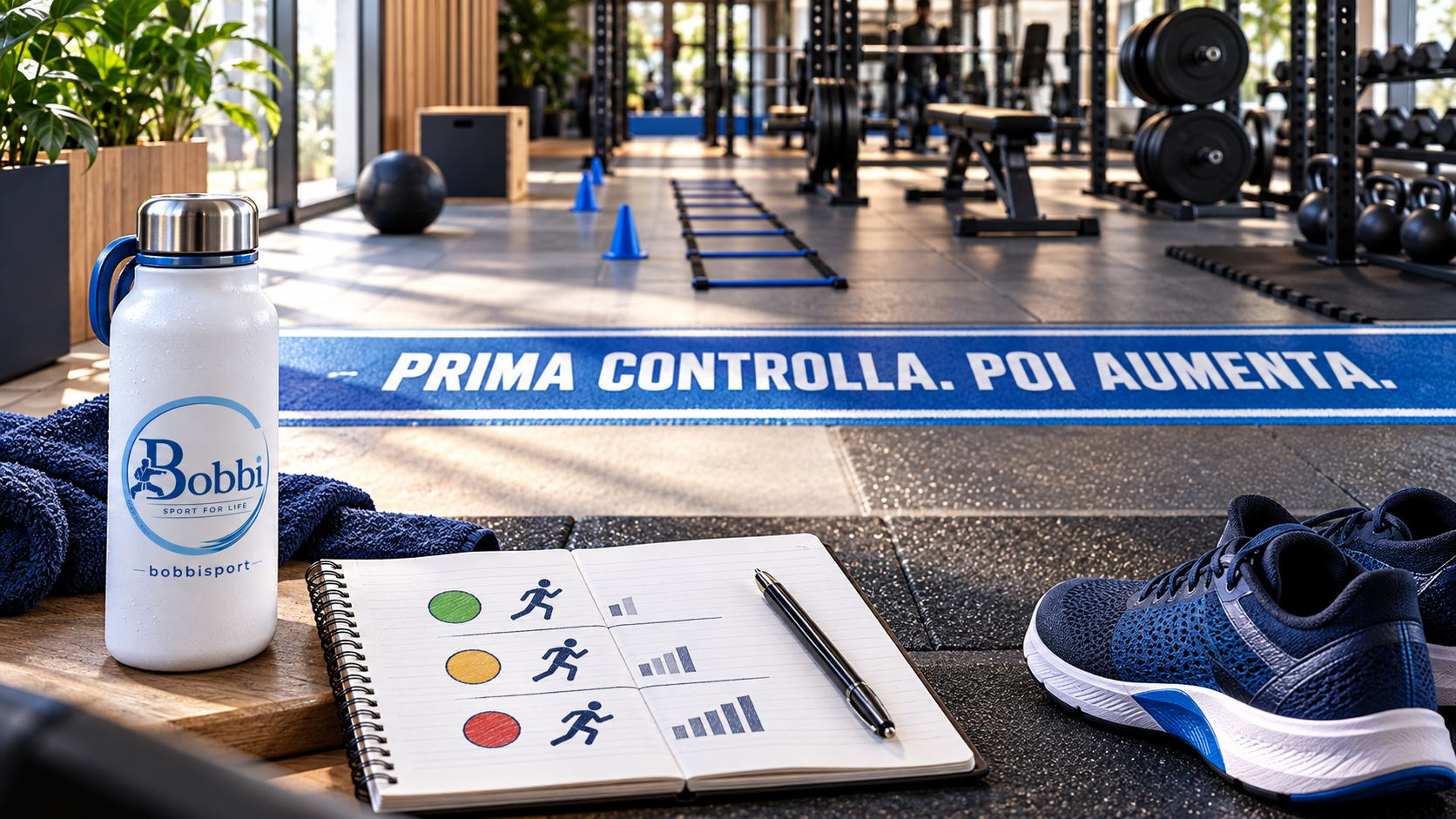 Area di allenamento con scarpe, taccuino e borraccia BOBBISport accanto al messaggio ‘Prima controlla. Poi aumenta.’