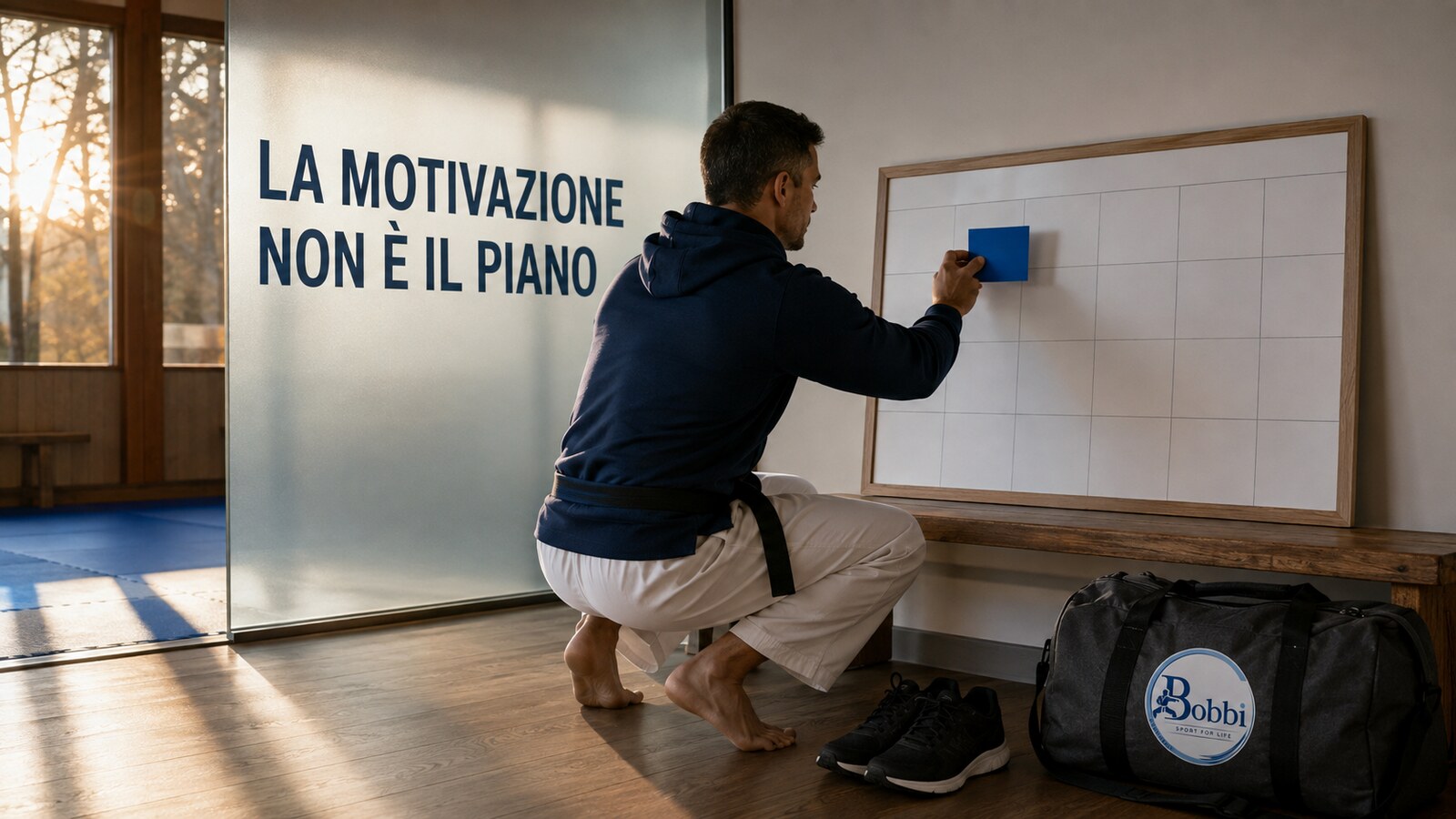 Persona che prepara il prossimo appuntamento in uno spazio di allenamento, davanti al pannello ‘La motivazione non è il piano’ e a una borsa con logo BOBBISport.