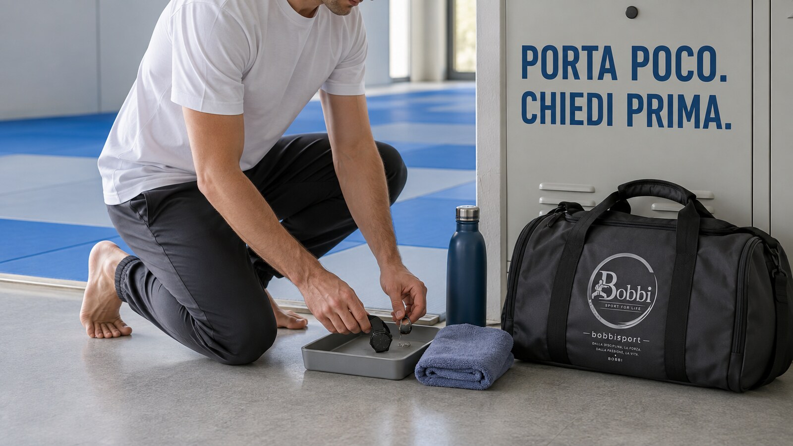 Principiante adulto in abbigliamento semplice lascia orologio e gioiello in un vassoio all'ingresso del dojo, davanti al pannello ‘Porta poco. Chiedi prima.’ e a una borsa con logo BOBBISport.