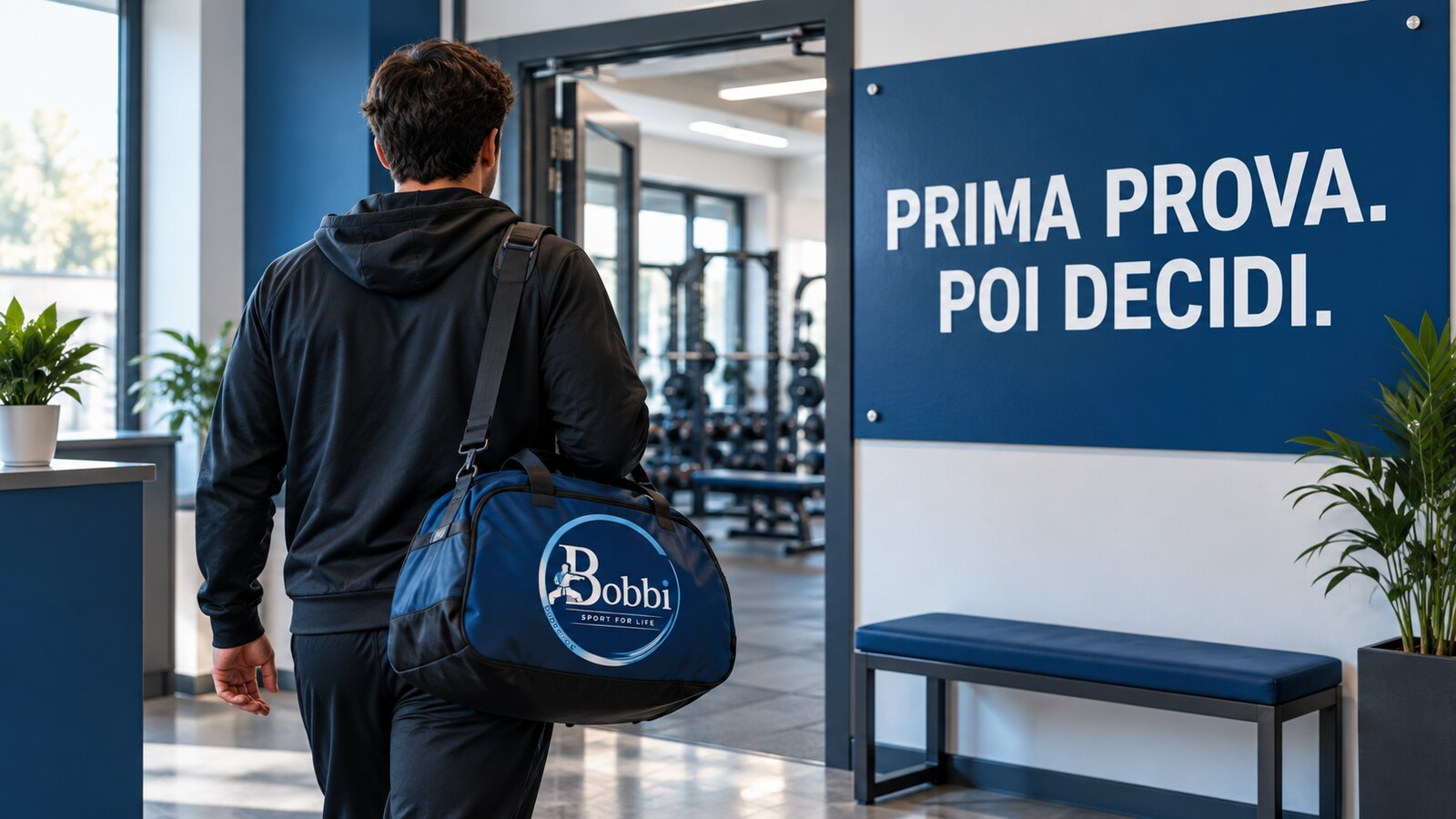 Adulto visto di spalle entra in una palestra con una borsa BOBBISport, accanto al pannello ‘Prima prova. Poi decidi.’