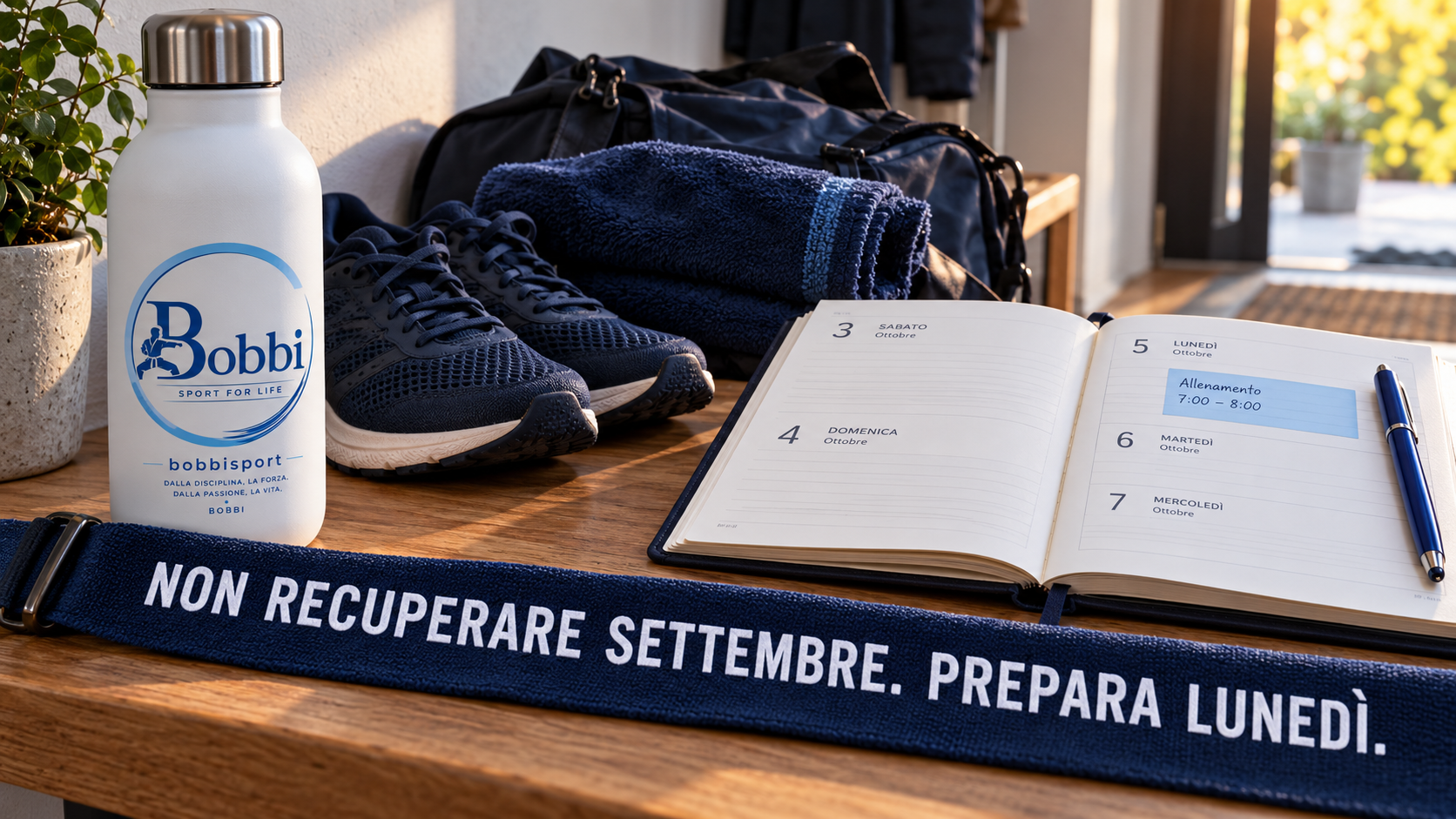 Scarpe, borsa, agenda e borraccia BOBBISport accanto al messaggio ‘Non recuperare settembre. Prepara lunedì.’