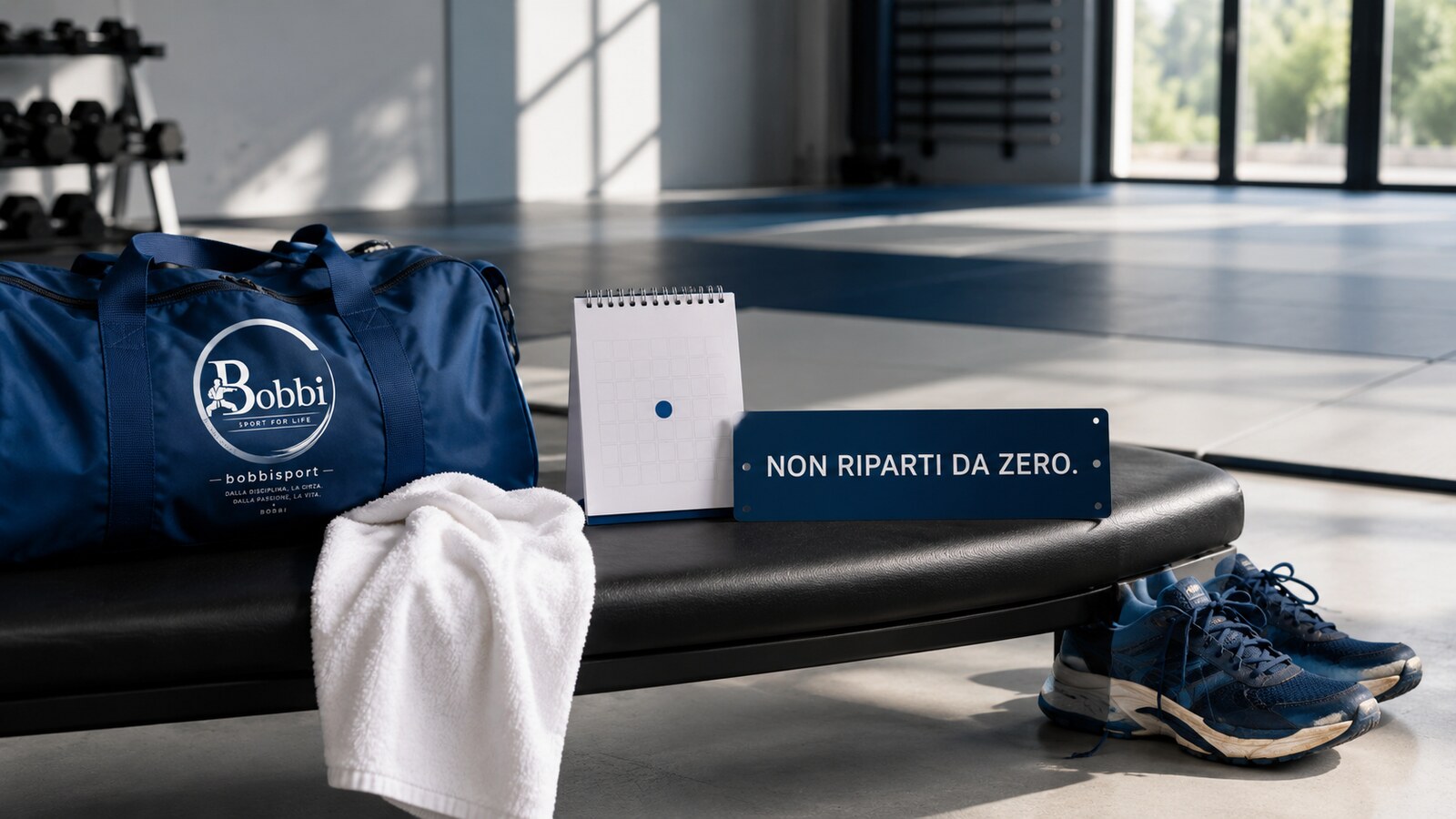 Borsa sportiva, scarpe e calendario di settembre su una panca accanto alla frase ‘Non riparti da zero’ e al logo BOBBISport.