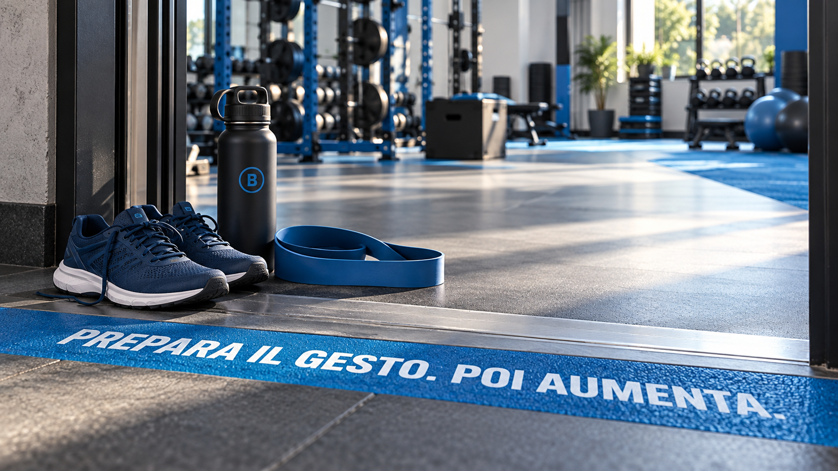Area di allenamento con scarpe, elastico e borraccia accanto al messaggio ‘Prepara il gesto. Poi aumenta.’