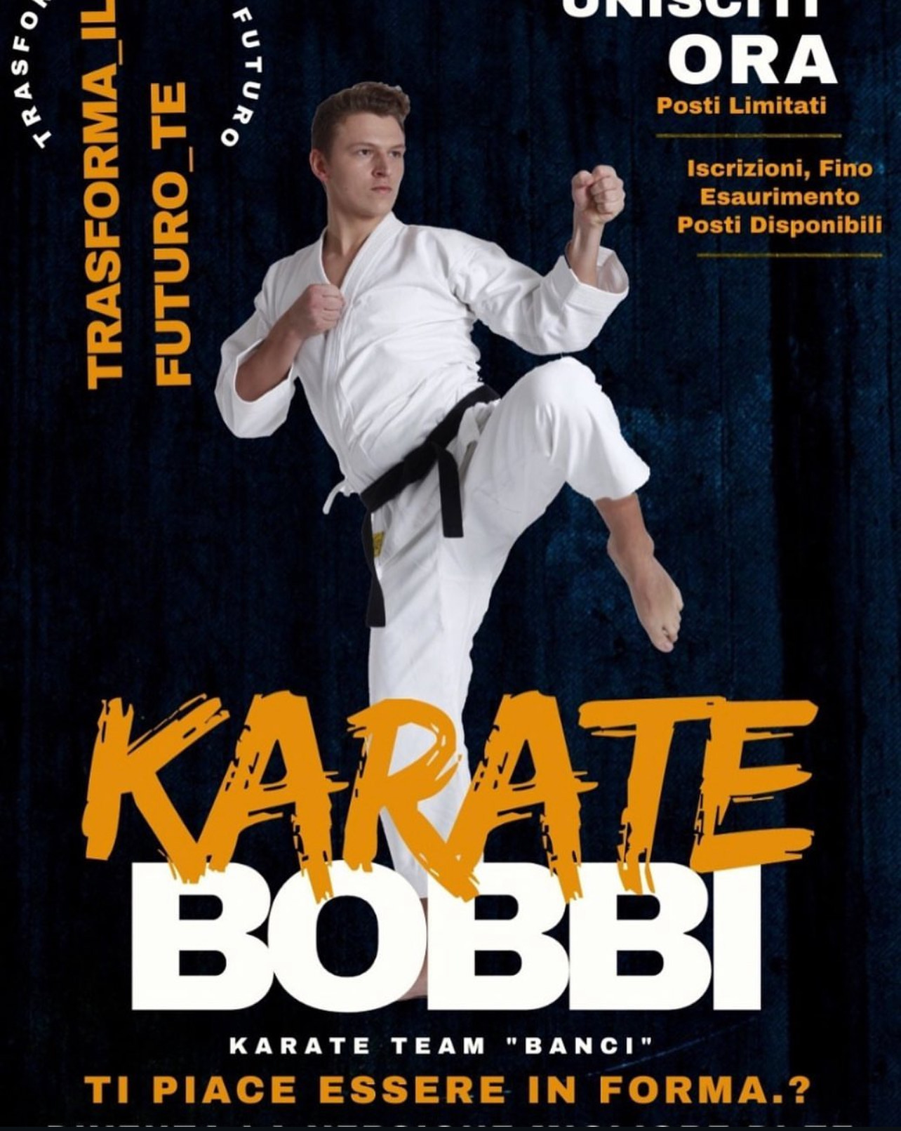 Locandina storica Karate BOBBI con Vladyslav in karategi e cintura nera.