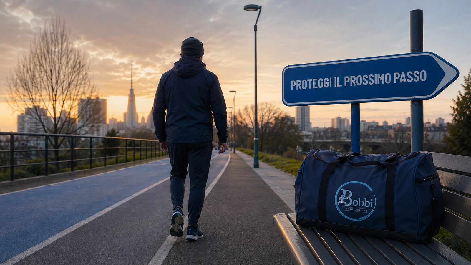 Persona che avanza all'alba su un percorso sportivo accanto al cartello ‘Proteggi il prossimo passo’ e a una borsa con logo BOBBISport.