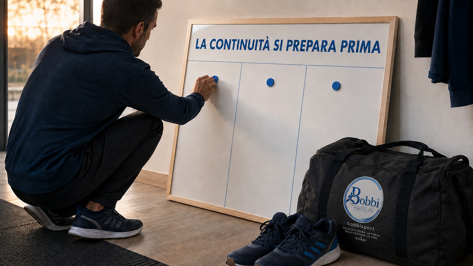 Persona che prepara gli appuntamenti della settimana su un pannello con la frase ‘La continuità si prepara prima’, accanto a scarpe pronte e a una borsa con logo BOBBISport.